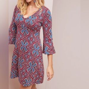 Anthropologie Maeve Barrie Sweater Knit Dress Bell 3/4 Sleeve Medium V Neck